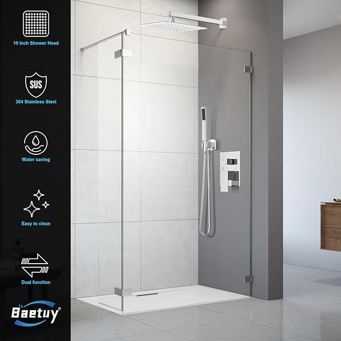 Shower Faucet Set Bathroom Square Rain Shower Head and Handle Set, Wall Mounted Shower Fixtures With Shower Valve and Trim Kit 12 inch Polished Chrom