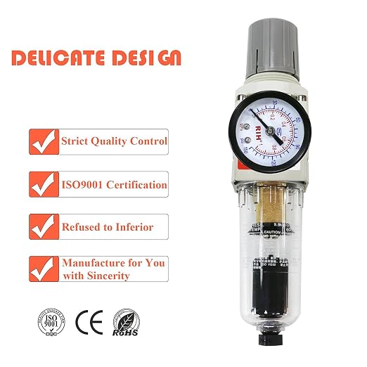 RIH 1/4" NPT Auto Drain Compressed Air Filter Regulator Combo Piggyback - Image 4