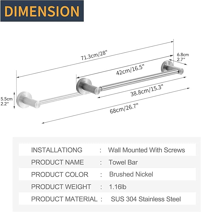 BESy Adjustable 15 to 26 Inch Single Bath Towel Bar for Bathroom SUS304 Stainless Steel Towel Holder, Wall Mount with Screws Hand Towel Bar Rod Hotel Style, Brushed Nickel