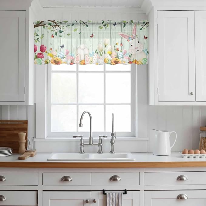 Easter Sheer Valances for Windows 42"x12", Light Filtering Kitchen Curtains - Image 3