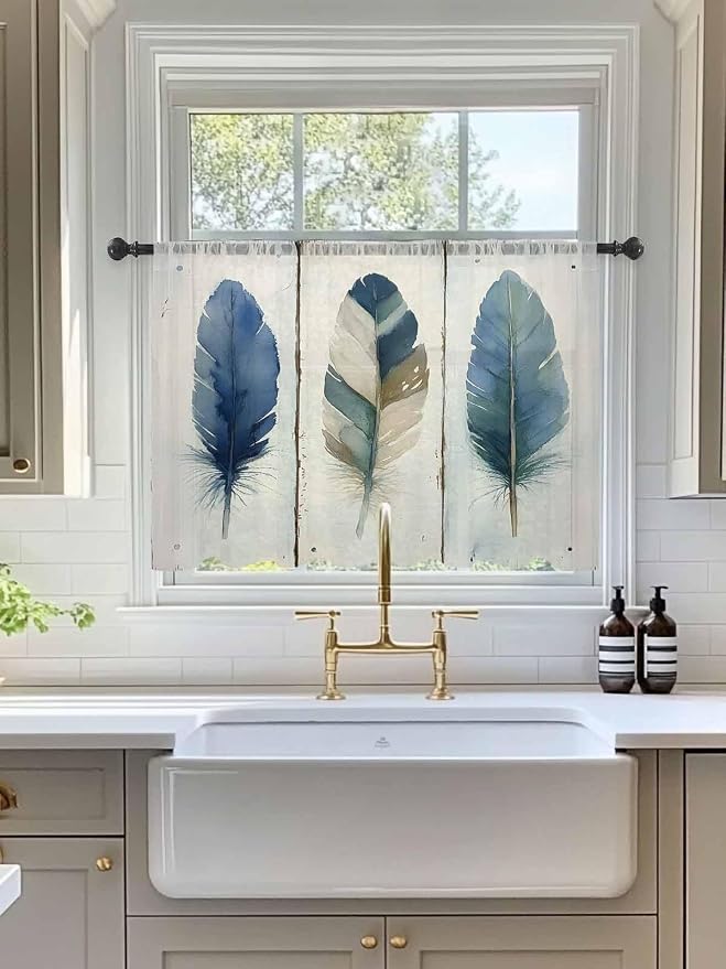 Sheer Curtains 54 Inch Length, Boho Blue Feathers Semi Sheer Curtains Light - Image 3