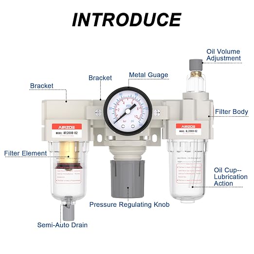 AIRZOE 1/4” NPT Air Compressor Filter, Regulator and Lubricator Combos FRL - Image 3