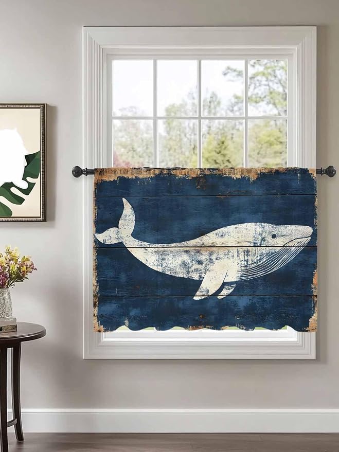 Sheer Curtains 54 Inch Length, Ocean Whale Blue Semi Sheer Curtains Light - Image 2