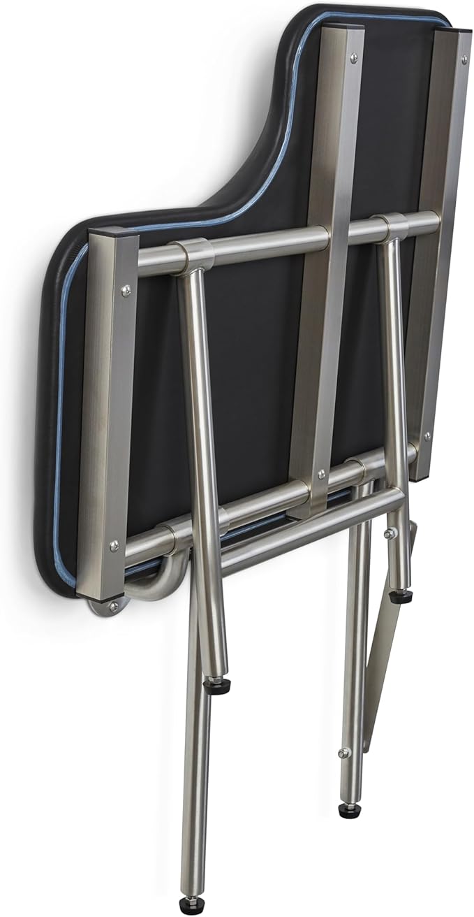 28" x 22.5" Black Padded Wall Mount Folding Left-Handed Transfer Bench Shower Seat with Legs, ADA Compliant