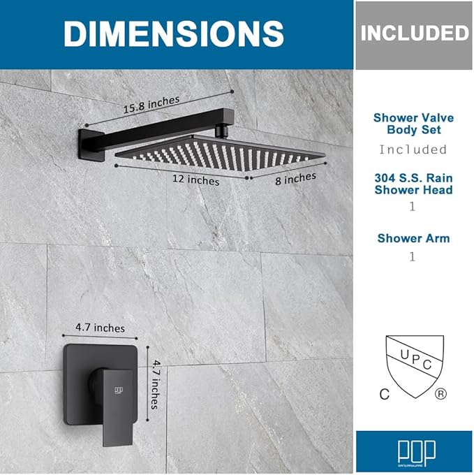 POP SANITARYWARE Matte Black Shower Faucet Set, Bathroom Rainfall Shower System with Stainless Steel Metal Showerhead, Single Function Shower Trim Kit with Rough-in Valve
