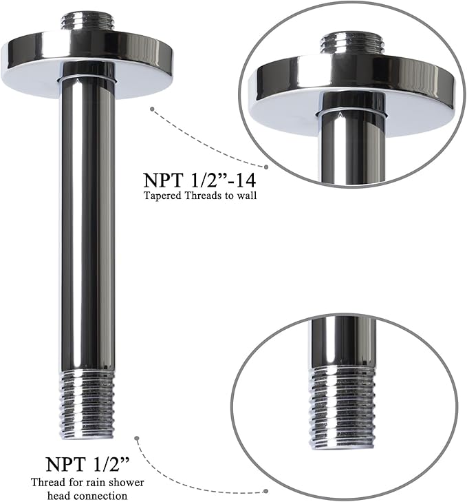 8 Inch Shower Arm with Flange, Ceiling Mounted Shower Head Extension Arm, 1/2 NPT Straight Arm for Rain Shower Head, Stainless Steel Shower Head Extension Replacement Pipe Arm,Chrome