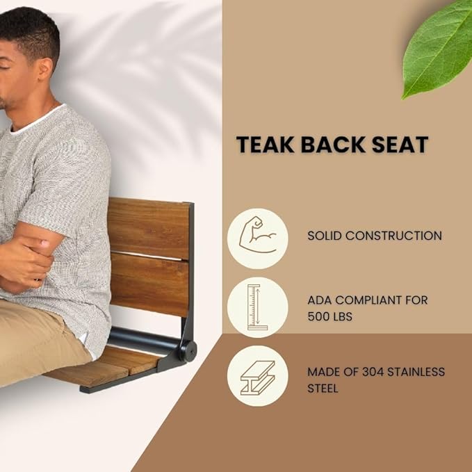Folding Shower Seat Wall Mounted with Back | 500 lbs Maximum Load Capacity | ADA Compliant Safety Assist Teak Shower Seat for Seniors, Handicapped, and Children | 304 Stainless Steel Frame | 18” x 16”