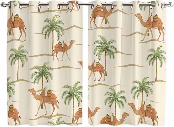2 Panel Kitchen Cafe Curtains, Date Coconut Tree Sunlight Filtering Nature Air by Hokiten