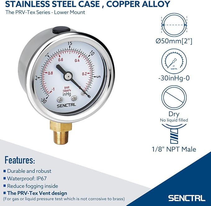 SENCTRL 30inHg Vacuum Pressure Gauge, 1/8 NPT Lower Mount, Waterproof, - Image 2
