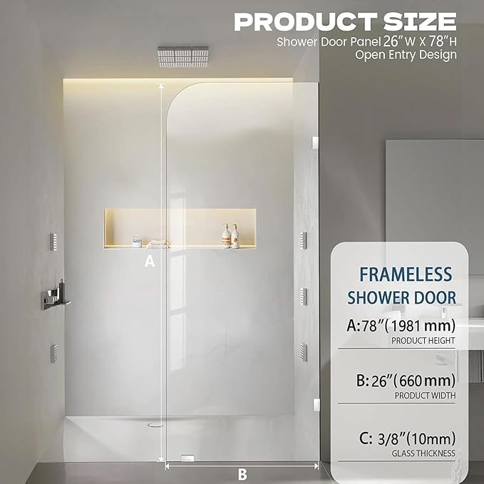 Frameless Shower Door, 26" W ×78" H Fixed Shower Glass Panel with Clamps, 3/8" (10mm) Glass Shower Doors, Clear Tempered Bathroom Shower Panel in Polished Chrome Finish