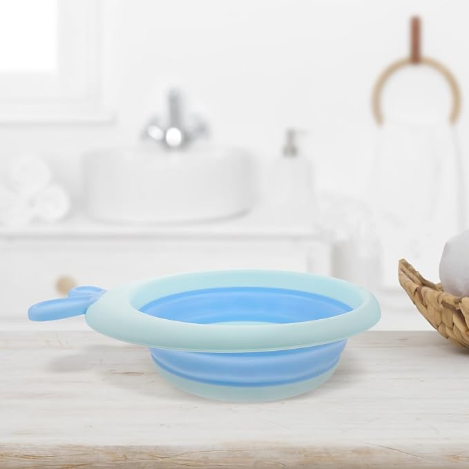 Kisangel Foldable Bath Tub and Wash Basin for Newborns, Cartoon Blue, Portable Plastic Bathtub for Bottle Washing and Hair Wash, Suitable for Travel and Home Bathing