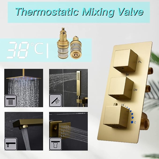 Shower Set Brushed Gold Thermostatic Shower System with Tub Spout, with 12 inch Ceiling Mount Shower Head and 6 PCS Body Jet, Handheld Spray