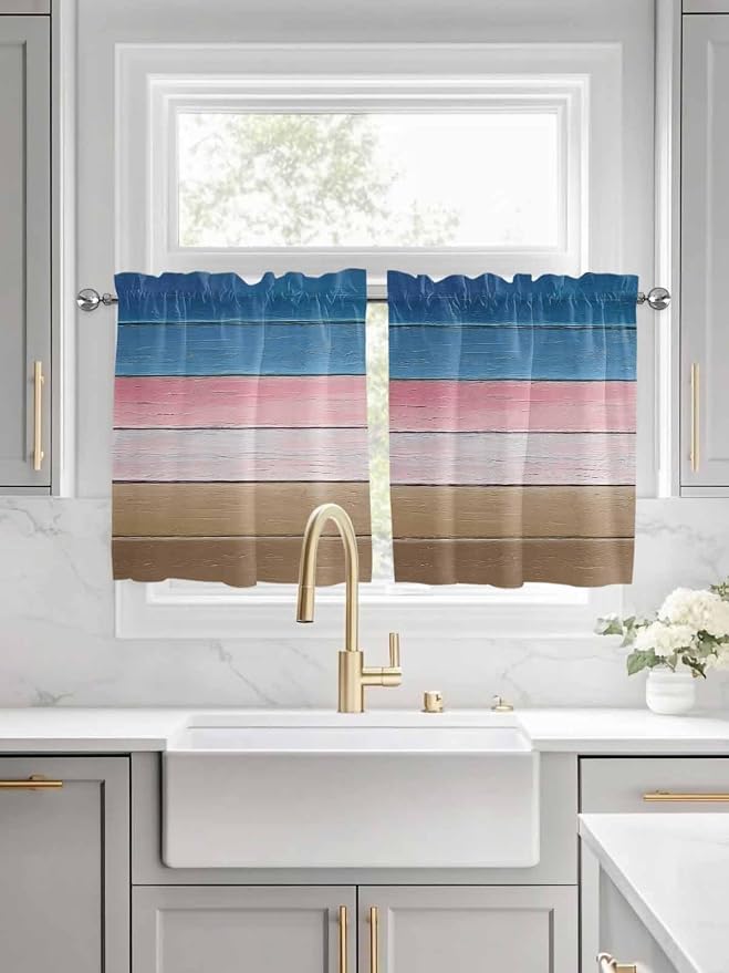 Blue Pink Brown Gradient Wood Grain Window Valance Curtains, Vintage Wood Board by IDOWMAT
