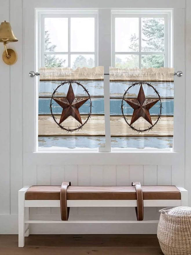 Vintage Western Star on Wood Grain Window Valance Curtains, Retro Wooden - Image 2