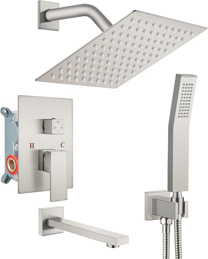 gotonovo Shower System with Tub Spout Wall Mounted Rain Shower Head and Handle Combo Shower Faucet Set with Valve, 8 Inch, Brushed Nickel