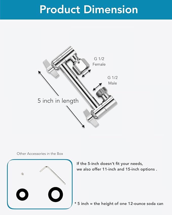 5 Inch Adjustable Shower Head Extension Arm, With Locking Set Screw, Singing Rain Brass Chrome Angle Height Adjustable, Easy To Install, G1/2 Universal Connector Compatible (Chrome Finish)