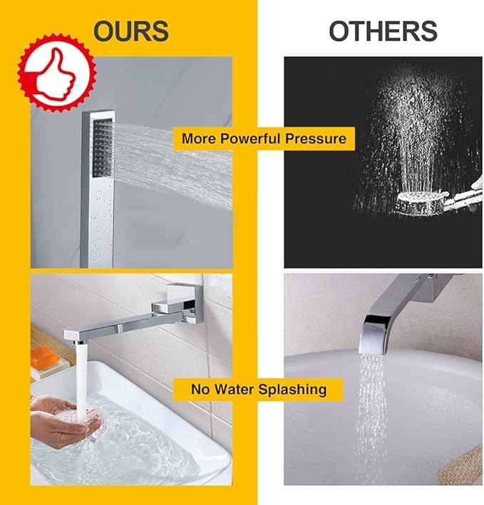 Wall Mounted Bathtub Faucet with Handheld Shower, Solid Brass 180°Swivel Tub Faucet with Handheld Sprayer High Flow Bathtub Faucet Set with cUPC Certified Wall Mount Tub Filler, Chrome