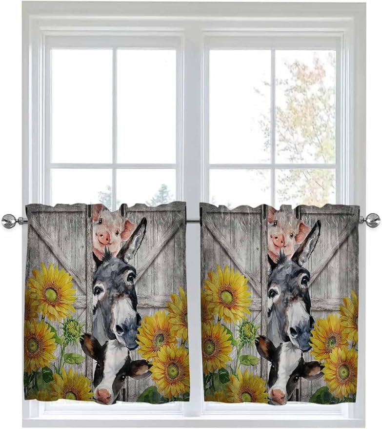 Farmhouse Half Window Curtain 36 Inches Long, Vintage Sunflowers Animals by Unknown