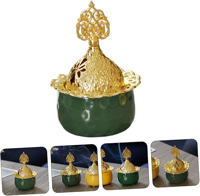 Elegant Green Ceramic and Metal Incense Burner - Image 8