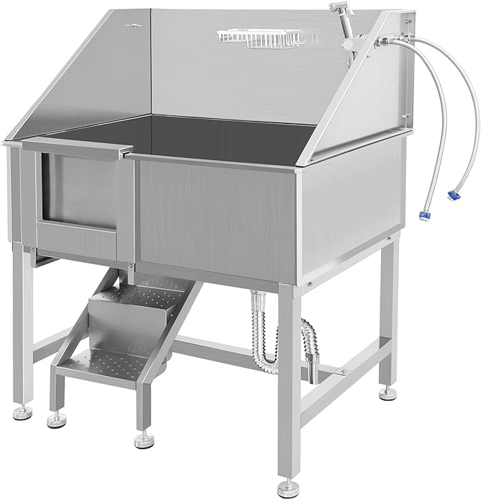 38" Dog Washing Station Large Dogs Grooming Tub Professional Stainless Steel Dog Bathtubs Bathing Tub Pet Washing Station for Home with Steps,L-Door
