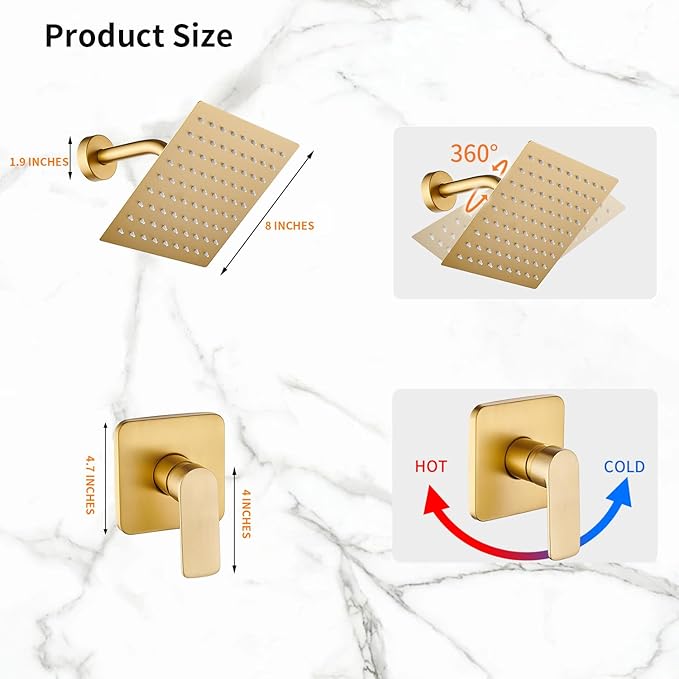 Brushed Gold Shower Faucet Single Function Trim Kit with Rough-in Valve Set Bath Rainfall Shower System 8inch Square Stainless Steel Metal Shower Head