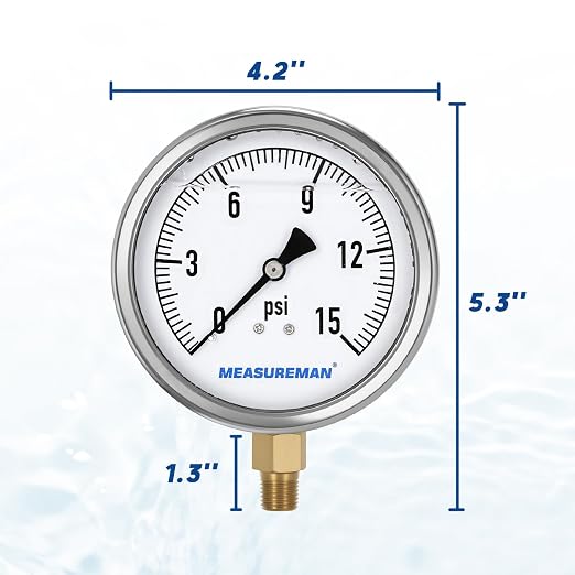 MEASUREMAN Glycerin Filled Plumbing Pressure Gauge 0-15psi Stainless Steel Case - Image 6