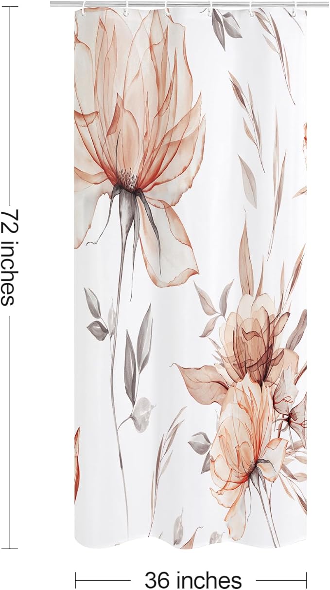 Small Stall Boho Watercolor Floral Shower Curtain 36 x 72, Orange and Grey Ink Painting Style Flower Shower Curtains for Chic Elegant Bathroom, Artistic Narrow Half Size Shower Curtain