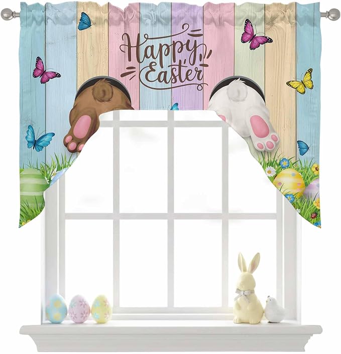 Swag Valance Curtains, Happy Easter Rabbit Butt Egg on Daisy Leaf Rod Pocket - Image 9