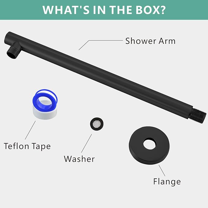 Voolan 15" Round Shower Arm with Flange and Teflon Tape, Extension Shower Head Arm for Bathroom Fixed Shower Head, Solid Stainless Steel, Wall Mounted (Matte Black)