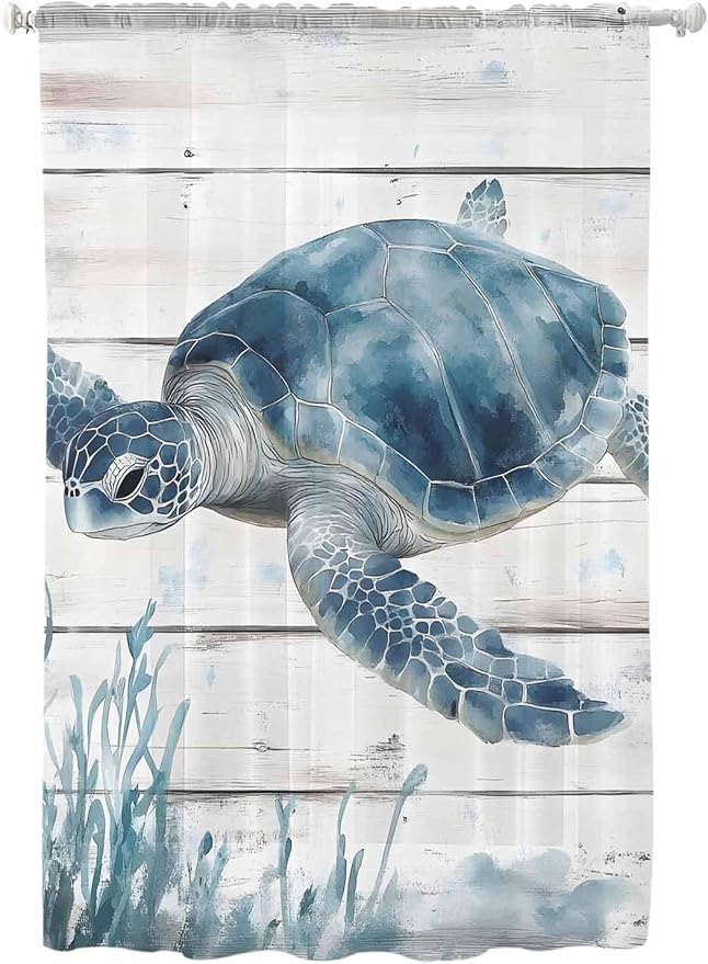 Sheer Curtains 63 Inch Length, Ocean Sea Turtle Semi Sheer Curtains Light by Unknown