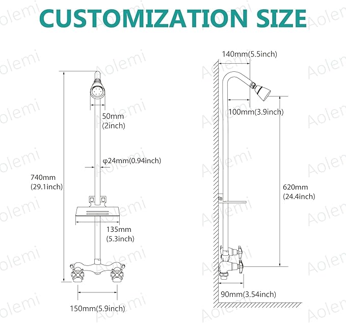 Aolemi Outdoor Shower Kit Fixtures Faucet System with High Pressure Showerhead Utility 2-Handle Exposed Shower with Brass Mix Valve 6 Inch Center with Soap Dish Brushed Nickel
