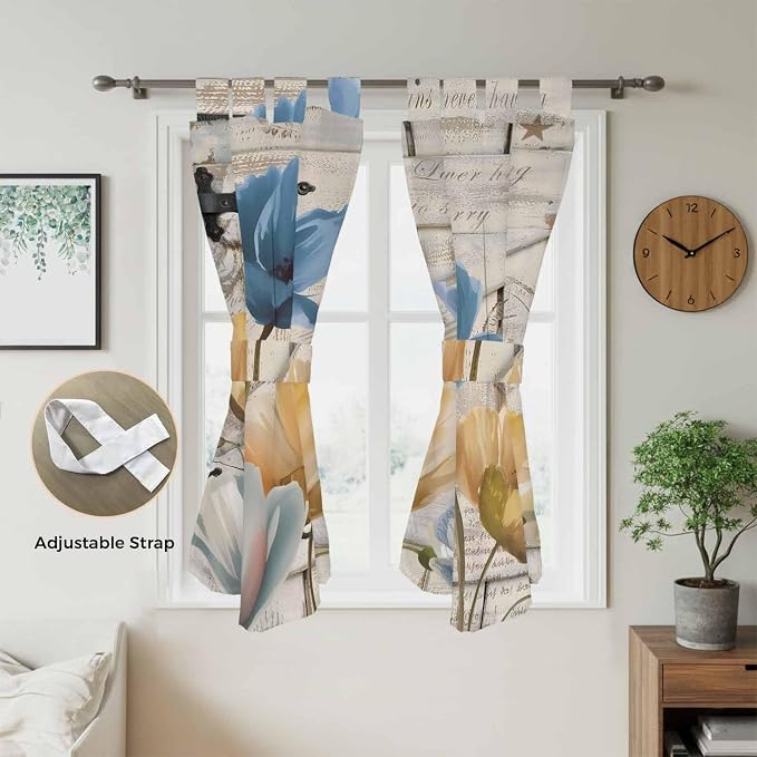 Blue Yellow Tulips Bathroom Curtains 63 Inch Length, Window Curtains Tab Top - Image 5