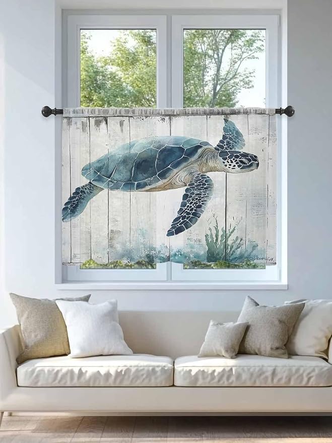 Sheer Curtains 45 Inch Length, Sea Turtle Teal Blue Semi Sheer Curtains Light - Image 4