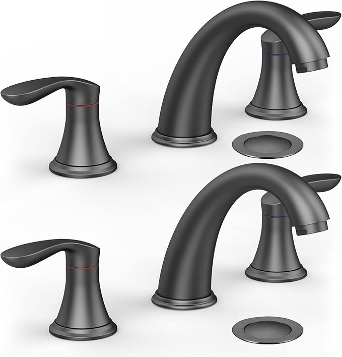 Bathroom Sink Faucet, Faucet for Bathroom Sink, Widespread Matte Black Bathroom Faucet 3 Hole with Stainless Steel Pop Up Drain and cUPC Lead-Free Hose - (Matte Black 2 Packs)