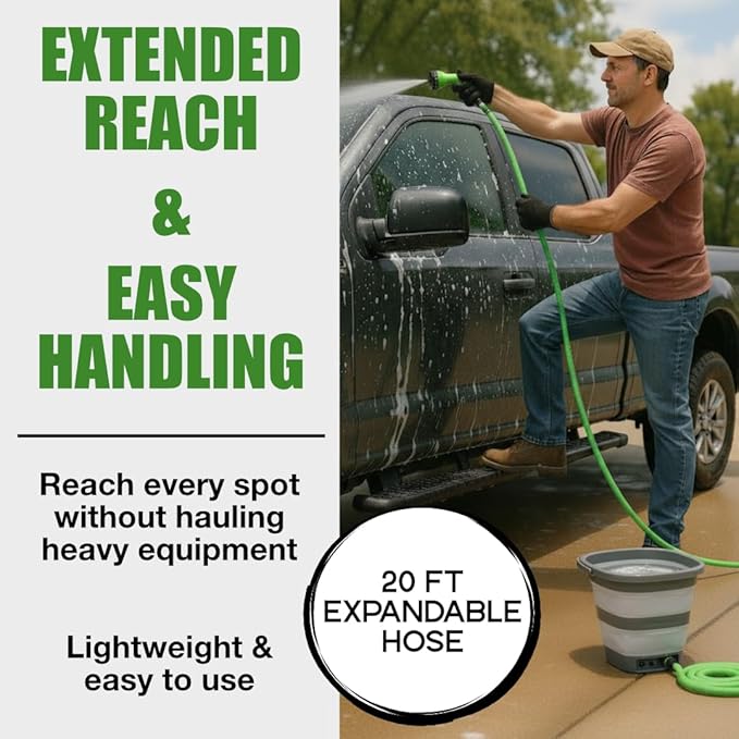 Rinse Kit & Portable Shower | Battery Powered with 60 Min Runtime | 4 Gal Collapsible Water Bucket | Perfect for Outdoor, Camping, Hiking, RV, & Beach Use | Car, Dog & Bike Wash