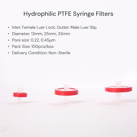 100 Pack Syringe Filter PTFE hydrophilic Lab Filters 0.22μm Pore Size 13mm - Image 2