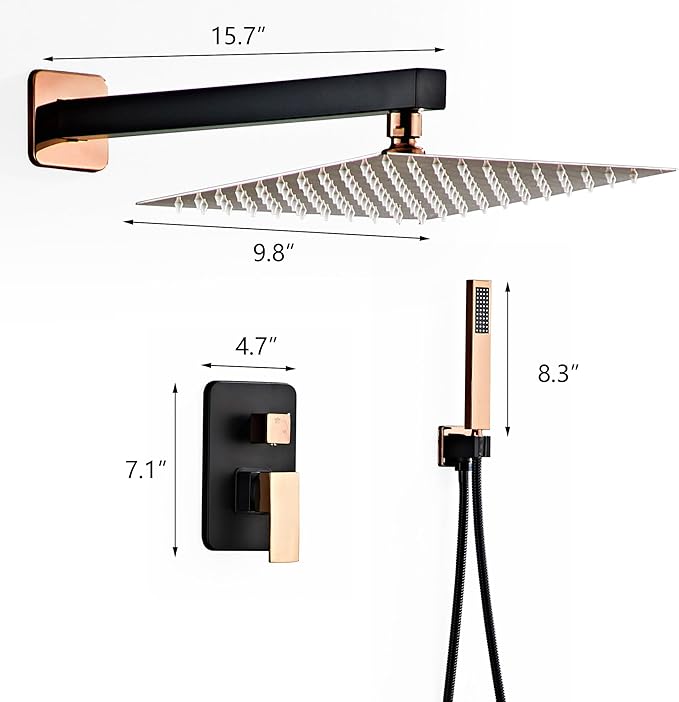 Shower Faucet Set, Matte Black and Rose Gold Rainfall Shower System Complete Wall Mounted for Bathroom with 10 Inch Square Shower Head and Handheld Shower Head Rain Mixer Combo Set