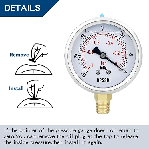 30 inHg Vacuum Silicone Oil Liquid Filled Low Pressure Gauge, 2.5" Dial Size - Image 4