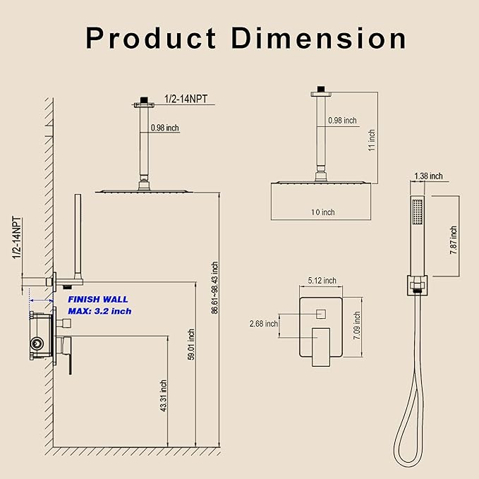 Ceiling Mount Shower Faucet Set, Gold Shower System with 10-Inch Rain Showerhead and Handheld Spray Combo, High-Pressure Showerheads Set with Valve and Trim Kit, Brushed Gold