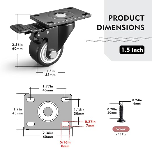 1.5 Inch Caster Wheels for Furniture, Small Casters Set of 4 - Image 2