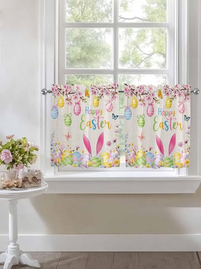 Happy Easter Half Window Curtains 24 Inches Long, Spring Farmhouse Bunny Eggs - Image 7