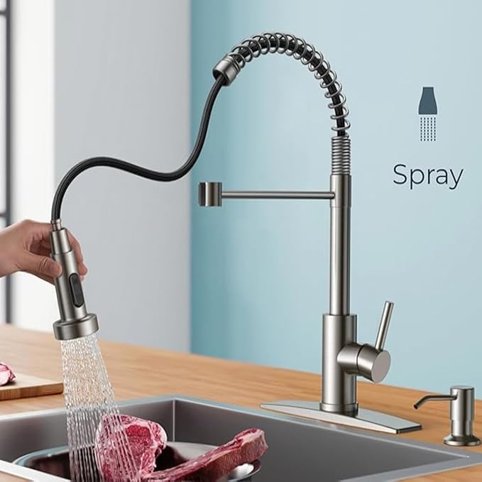 Smart Touch On Kitchen Faucet, 3 Modes Pull Down Sprayer, Sensor Activated, Ceramic Disc Valve, 360-Degree Rotation, 1 or 3 Hole Deck Plate. 10-Year Warranty. (KW-62SN,Brushed Nickel)