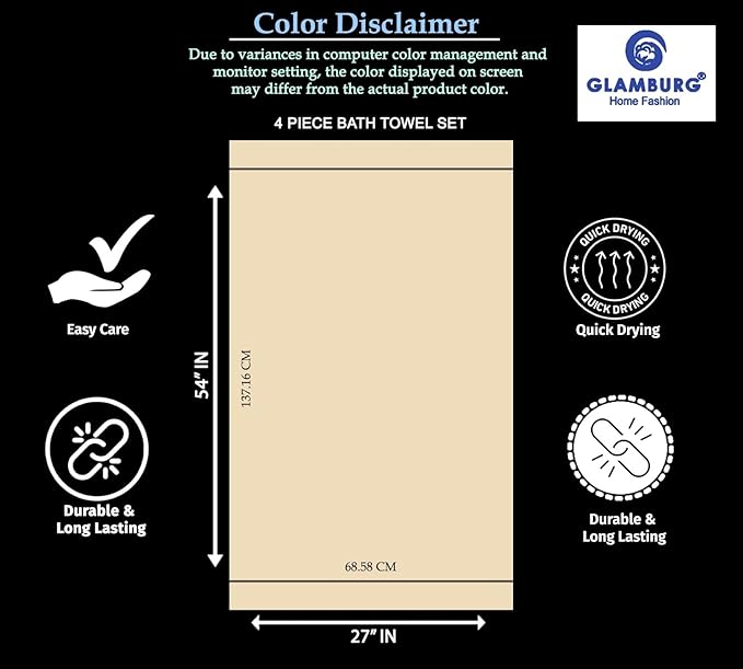 GLAMBURG Premium Cotton 4 Pack Bath Towel Set - 100% Pure Cotton - 4 Bath Towels 27x54 - Ideal for Everyday use - Ultra Soft & Highly Absorbent - Charcoal