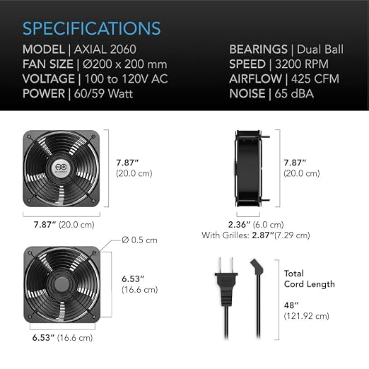 AC Infinity AXIAL 2060, Muffin Fan, 120V AC 200mm x 200mm x 60mm High Speed - Image 6
