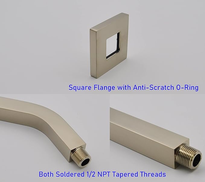 Aquaiaw Square Shower Arm and Anti-Scratch O-Ring Flange, 6 inch, Solid Brass, Both Soldered 1/2 NPT Tapered Threads, Shower Head Arm, Wall Mount Shower Extension Arm (PVD Brushed Nickel)