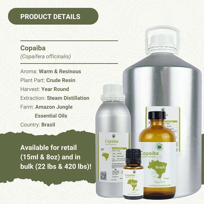 Copaiba Essential Oil - Direct from Amazon Jungle Essential Oils Brazil - Steam Distilled - Aceite de Copaiba for Aromatherapy, Massage, Diffuser, DIY Candle and Soap Making - 8oz