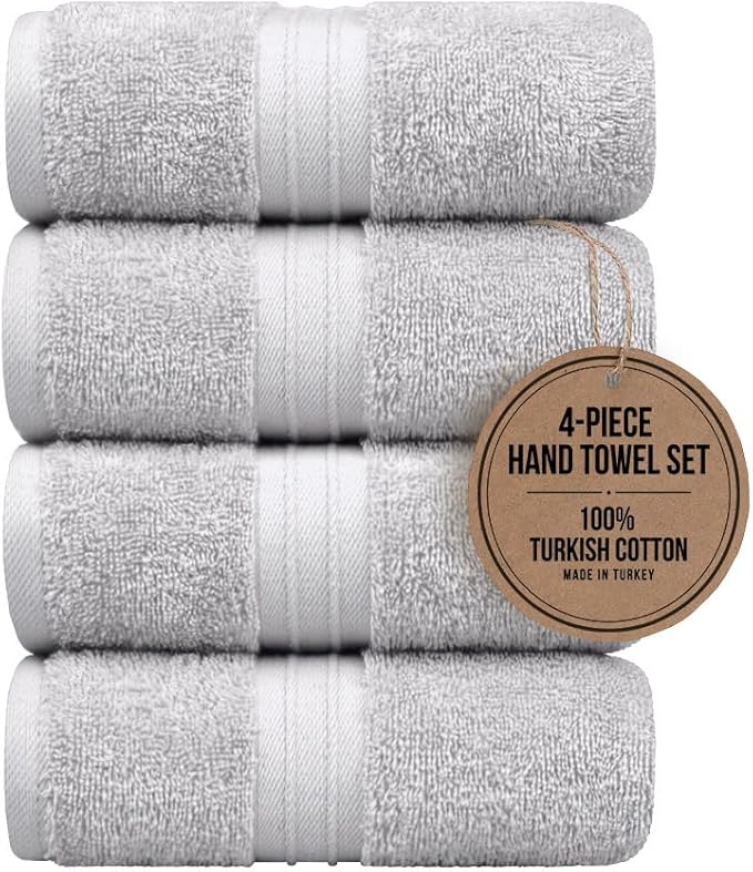 Hand Towels Pack of 4-100% Cotton & Luxury, Large (16"x 28") Absorbent, Thick, Cozy - Versatile, Perfect as Hotel Towel, Hand Towels for Bathroom - Silver Gray