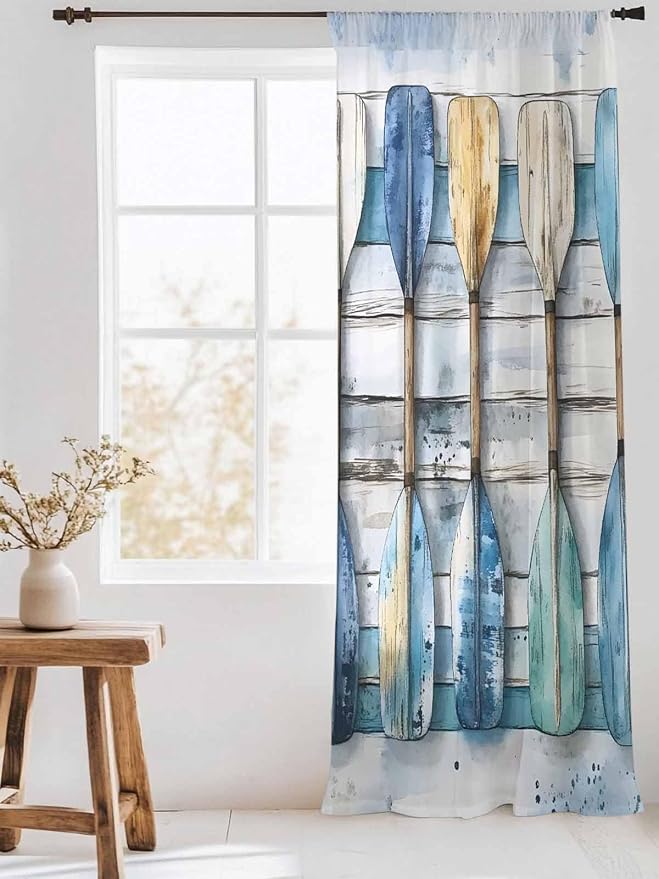 Sheer Curtains 96 Inches Long, Lake Paddle Striped Semi Sheer Curtains Light - Image 3