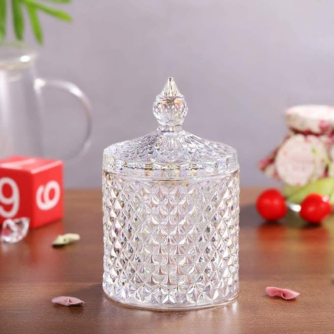 Colorful Home Decorative Jar Qtips Holder Dispenser Glass Storage Container Bathroom Counter Vanity Organizer for Bath Salts/Swabs/Rounds Makeup Sponges Toothpick Jewelry(Sparkling, 20 oz)