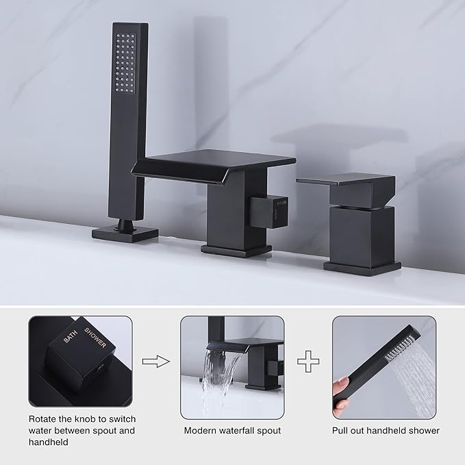 TapLong Modern Roman Tub Faucet with Hand Shower, Waterfall Deck Mount Bathtub Filler Faucet with Sprayer, Widespread 3-Holes Tub Shower Faucet Set in Matte Black, 02763B